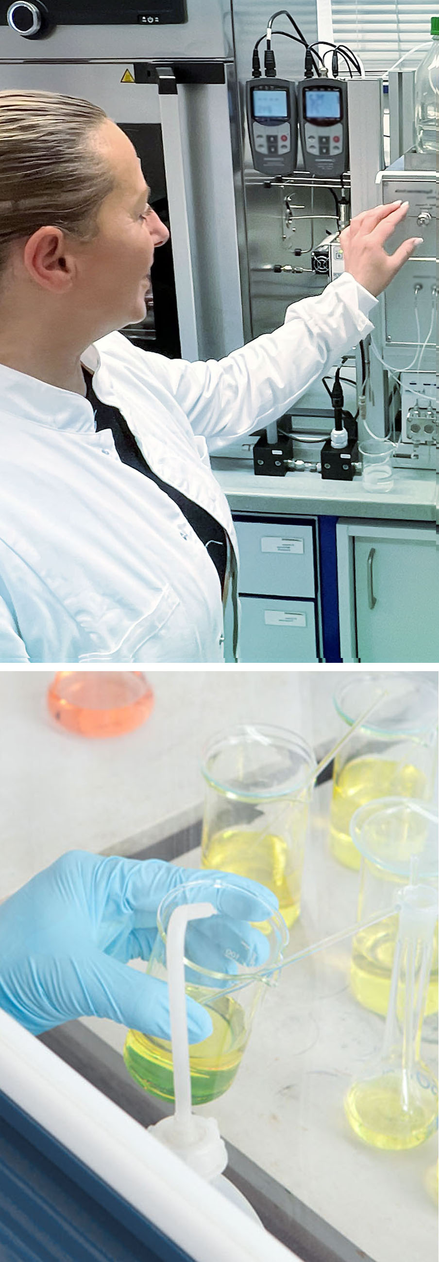 Frau im weißen Kittel bedient Gerät im Labor und Bechergläser mit gelber Flüssigkeit