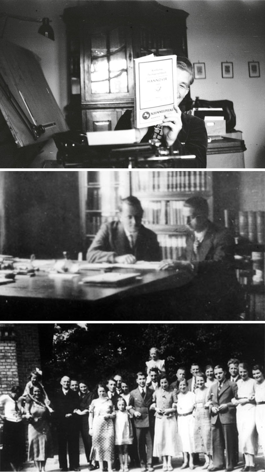 Dreigeteilter Fotostreifen - oben: Mann zeigt ein Buch und lächelt, Mitte: zwei Männer sitzen an einem Tisch und schauen in ein Buch, unten: Gruppenfoto 